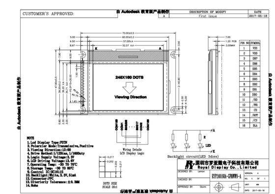 FSTN 240*160 LCD-модуль графический с монохромным положительным дисплеем UC1611S