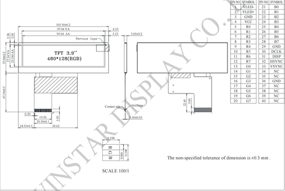 3.9' bar TFT LCD Модуль 480*128*RGB WinStar заменить 6H HX8278-A