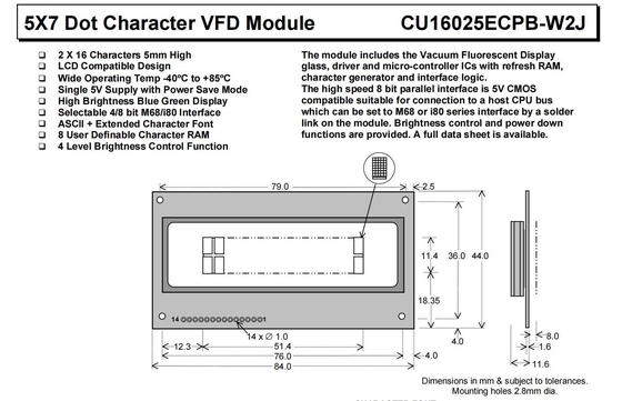 Модуль VFD 5*7 DOT 2*16 Знак Cu16025ecpb-W2j Синий Зеленый 8-битный параллельный интерфейс