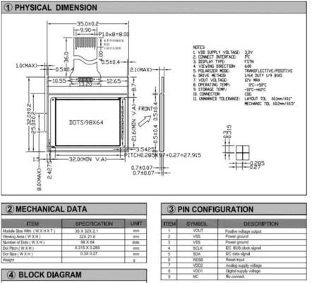 98*64 Графический ЖК-модуль с интерфейсом St7549 I2c Трансфлективный положительный дисплей широкой температуры