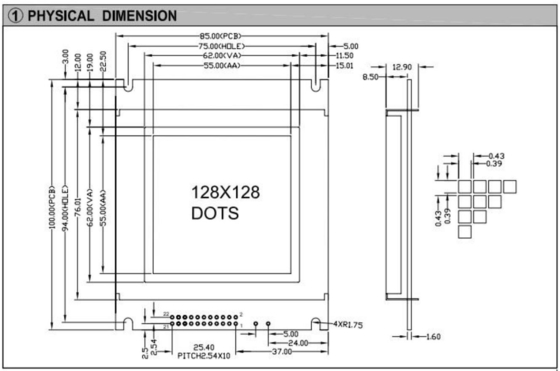 128*128 Графический FSTN Монохромный ЖК-модуль AT0107 22 Pin Industrial Display