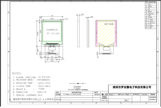1,44 Cog Fpc дисплея LCD квадрата дюйма 128X128 с интерфейсом 4W SPI