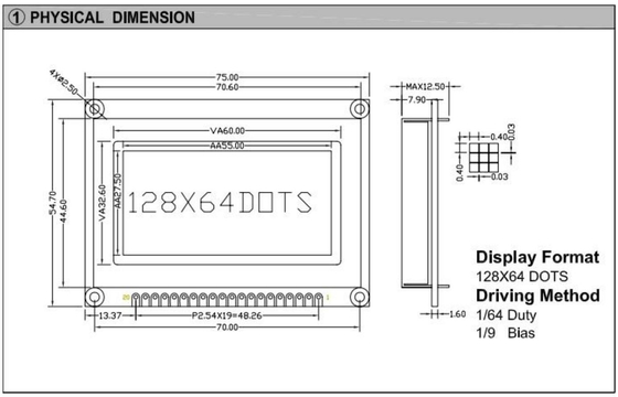 128*64 Графический STN LCD модуль с светодиодным заднего света монохромный 20 пин ST7565 3.5v промышленный дисплей
