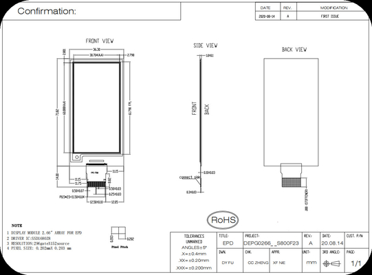 2.66' 152*296 SSD1680Z8 SPI интерфейс E-paper дисплей EPD