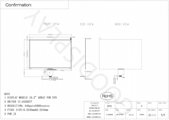 10.2'4 Цвет 640*960 E-paper Дисплей SSD2677 На основе EPD